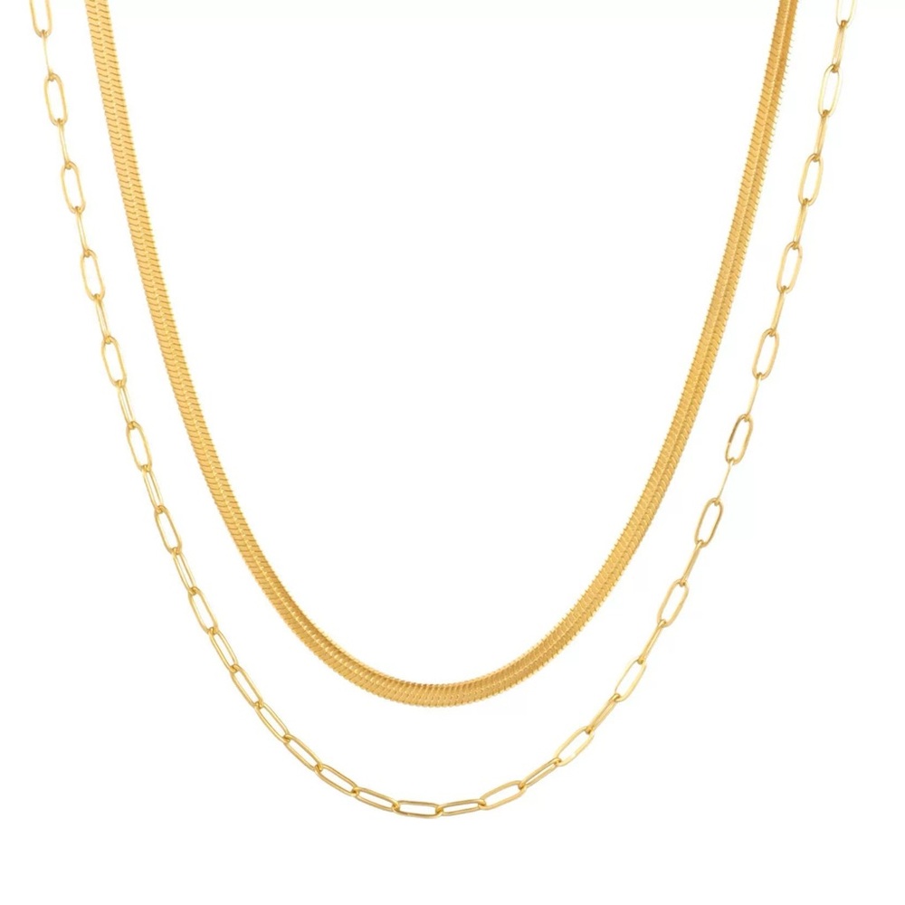 18K Gold Plated Double Layered Necklace*Paperclip Chain Snake Herringbone*YB - Picture 5 of 5